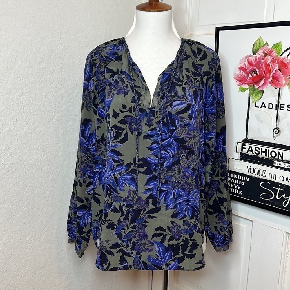 Rebecca Taylor Floral Print Long Sleeve Silk Tunic Top Size 2